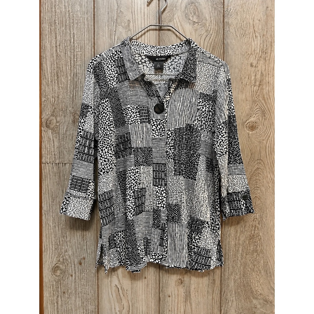 Ali Miles Womens Large Black White Abstract Patchwork 3/4 Sleeve Blouse Tunic